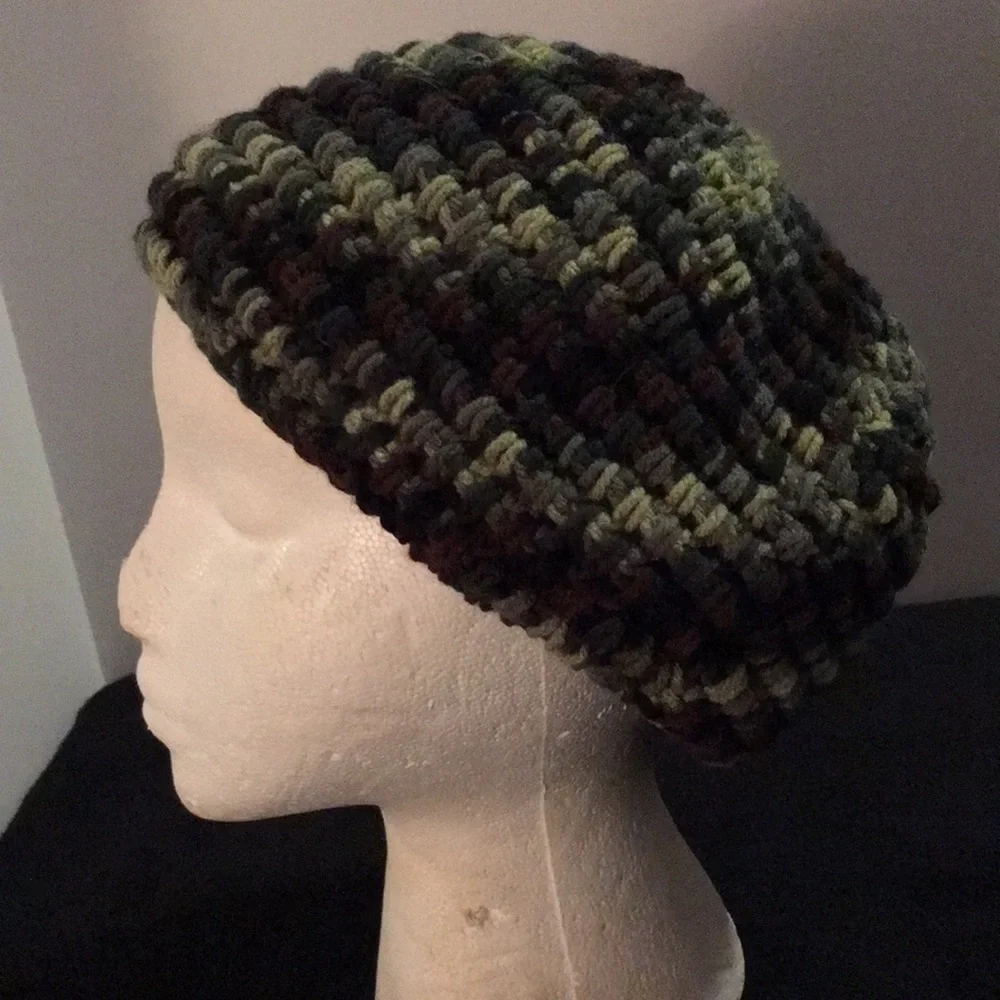 Crocheted camouflage look beanie dark green light green brown.